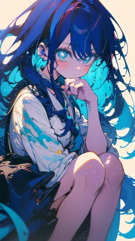 Blue-haired long hair，Design clothing，Seven-doppelganger shot，Anime style 4K，Anime girl with teal hair，High quality anime art style，sit  down,painting，Splash ink background，Blue Themes、Pure white background,Buildings,Face close-up,Buildings,Moon and sun、Lo...