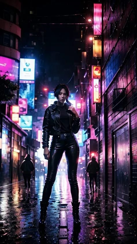 Full body portrait 、Beautiful female soldier from Wakanda ((Black women:1.2)), Dark Skin, Black Hair, Braided hair, ,blue eyes、 black leather flight jacket、Black T-shirt、Black leather pants、Holding a knife, detailed, Realistic Face, Digital Portrait, The b...