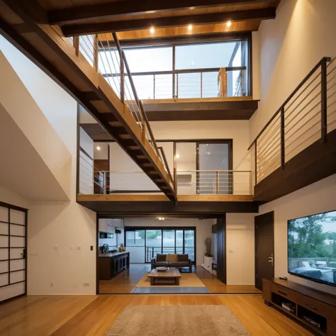 ((Highest quality)), ((masterpiece)), (detailed), Living room of a modern Japanese house,The three-seater sofa is L-shaped,There is a steel staircase in front of the sofa.,A 60-inch TV is mounted on the wall under the stairs.,The floor is solid oak 90cm wi...