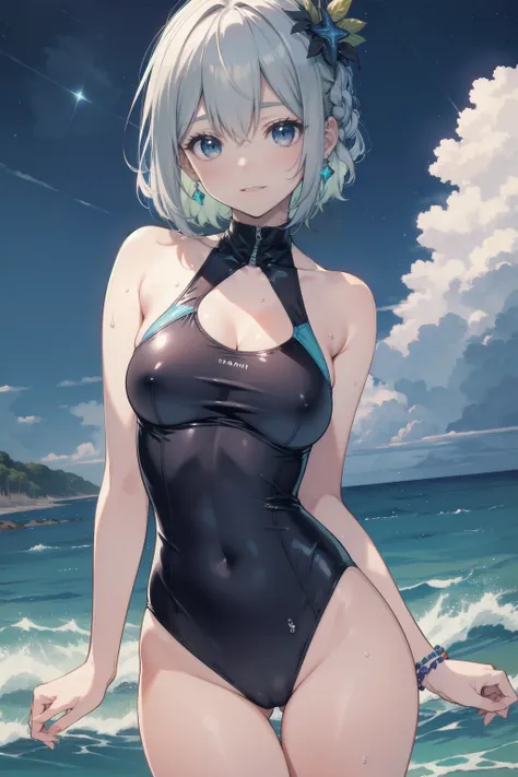 finely detailed illustration, best quality, masterpiece, vibrant color,（masterpiece）、(Highest quality)、((Very detailed))、(Very delicate)、Cute and sexy swimsuit idol、Pastel colored hair、Beautiful breasts、Thighs、nice、Amazing starry sky、Beautiful sea、Wet and ...