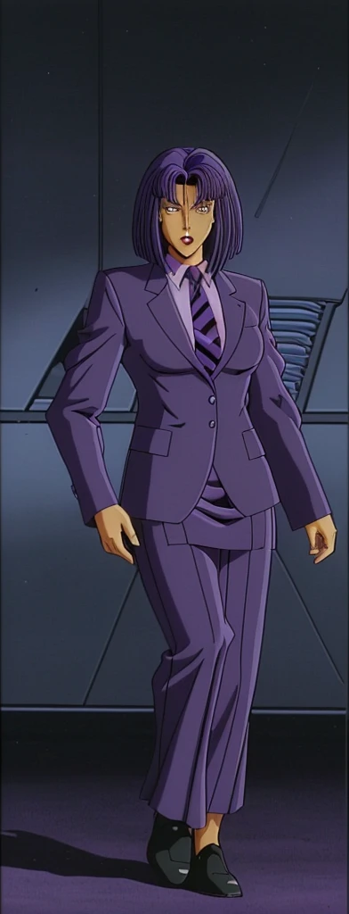 90s style Anime Evil black skinned business woman in a purple military skirt suit with a tie on