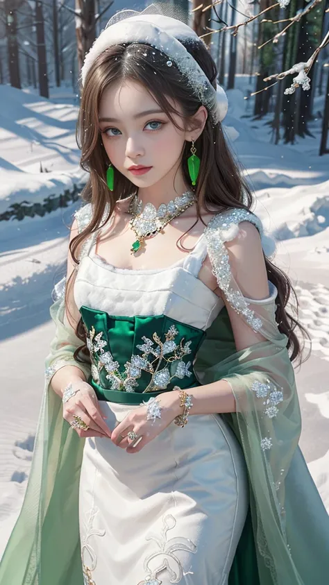 8k, masterpiece, 1 girl, beautiful face, very long hair, light makeup, detailed eyes, detailed lips, small bust, winter dress, orange dress, (wearing jewellery:1.8), (green lace:1.4), ((snow falling:1.4)),25 years, with a bears