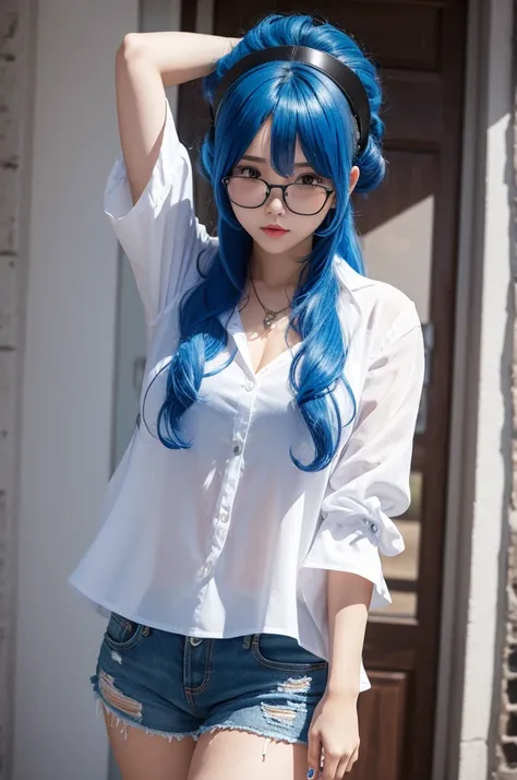 ,big blue hair,white blouse,black shorts,3d,