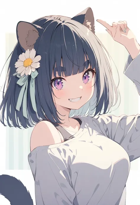 anime,(pale colors:1.8),long shot, 1girl, (on right:1.3), solo, cat mouth, dynamic angle, holding flower, pointing to head, grin, smile, fang,  blue hair, bobcut, straight hair, racoon ears, racoon tail, (brown streaked hair:1.3), (blunt bangs) ,thick eyeb...