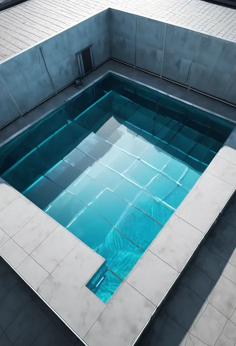 from above, best quality, RAW photo, photorealistic, super fine, 16k, 2.5D, delicate and dynamic depiction, very clear footage, a 10m square pool made of transparent reinforced acrylic panels, bottom has a fine metal grid, sealing away evil, analyzer lab r...