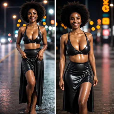 ((ONE GIRL)). best quality, ultra-detailed, hyper realistic, 8k, full body shot, 23 years old, Nigerian beautiful girl, round shaped face, dark black skin, highly detailed skin with blemishes, ebony, dark natural afro hair, fit athletic figure, full body, ...