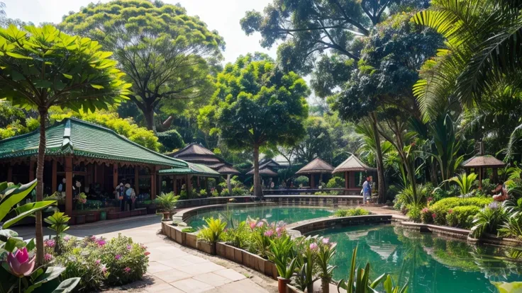 A botanical garden with 3 cafes, ornamental plants, tropical trees, small pools with lotus flowers in the garden, and where people shop.