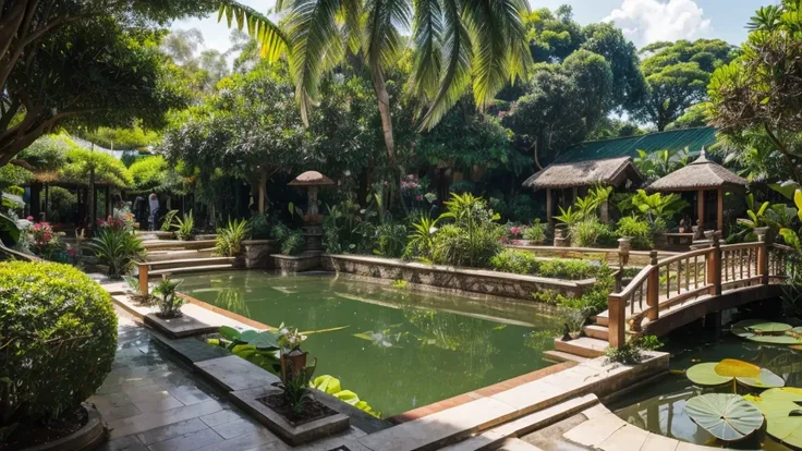 A botanical garden with 3 cafes, ornamental plants, tropical trees, small pools with lotus flowers in the garden, and where people shop.