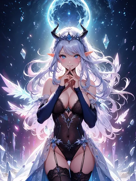 最high quality、最high quality、1 woman elf、Succubus、Stand against a wall(( cowboy shot ))((full body stocking))((see-through body stocking))、Beautiful eyes、tears、Raise your arms behind your head、Beautiful decoration、、Ice tiara、、A world made of ice、最high quali...