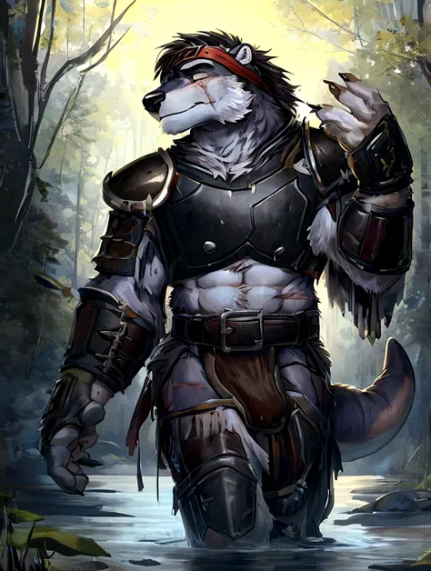 Solo Sexy young anthro furry otter male river mercenary medieval solider, slim endomorph muscular, anthro handsome gay shorter muzzle, handsome gay model male apperance, sword scars, shaggy shag hairs headband, worn out leather skimpy armament, low on hips...