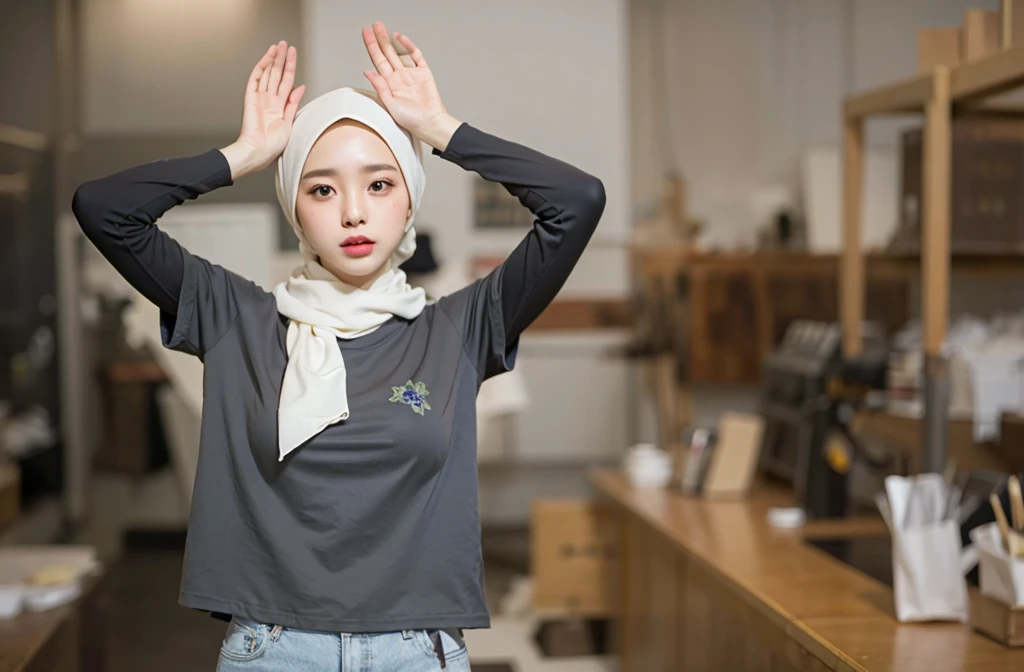 (Best quality, 8k, 32k, Masterpiece, UHD:1.2),Photo of Pretty Japanese hijab woman, large breasts, oversize crew shirt. flower shop