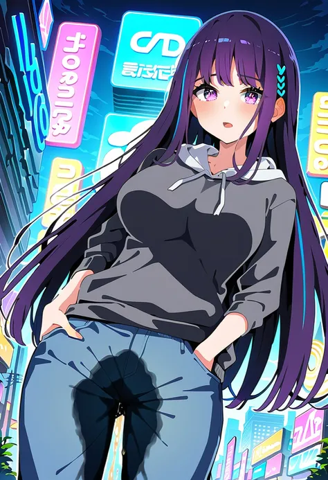 (masterpiece:1.37), best quality, (extremely detailed:1.37), woman, mature, adult, large breasts, very long hair, (straight hair:1.5), dark purple hair, purple eyes, (extremely detailed eyes:1.37), hoodie, jeans, desperation, (wetting: self 3.0), standing,...