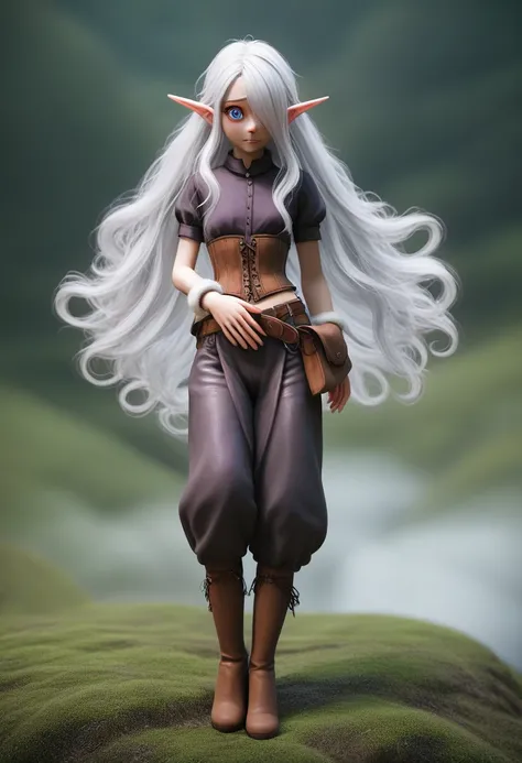 A girl with pale skin, short stature, very long wavy silver hair covering one eye, small breasts, pouty lips, and bright blue anime-style eyes with long lashes, wearing a corset, white puffy long sleeved shirt, and puffy cloth pants, leather bound boots, s...