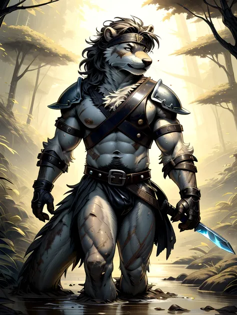 solo sexy young anthro furry otter male river mercenary medieval solider, slim endomorph muscular, anthro handsome gay shorter m...