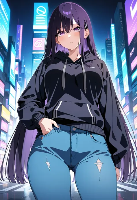 (masterpiece:1.37), best quality, (extremely detailed:1.37), woman, mature, adult, large breasts, very long hair, (straight hair:1.5), dark purple hair, purple eyes, (extremely detailed eyes:1.37), hoodie, jeans, desperation, (wetting: self 3.0), standing,...