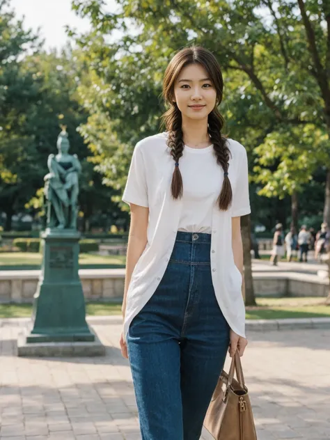 her name is Asako, high quality, 1girl, ((20-year-old fit Caucasian woman)), ((20 years old)), ((slim)), ((Fishtail Braid hair)), pose: standing, wearing stylish fashionable Generation-Z modern wear pastel colored, BACKGROUND: "In the Esplanadi Park, a gre...