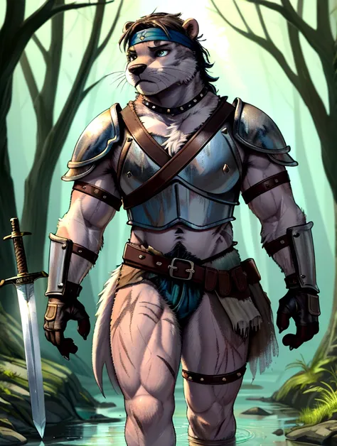 solo sexy young anthro furry otter male river mercenary medieval solider, slim endomorph muscular, anthro handsome gay shorter m...