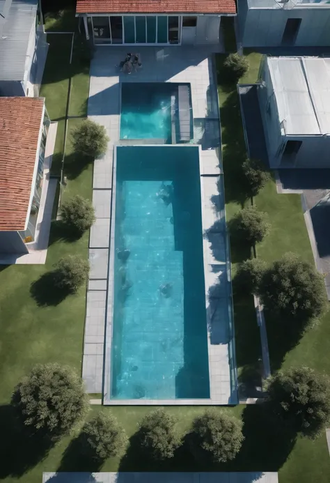 from above, best quality, RAW photo, photorealistic, super fine, 16k, 2.5D, delicate and dynamic depiction, very clear footage, a 10m square pool made of transparent reinforced acrylic panels, bottom has a fine metal grid, sealing away evil, analyzer lab r...