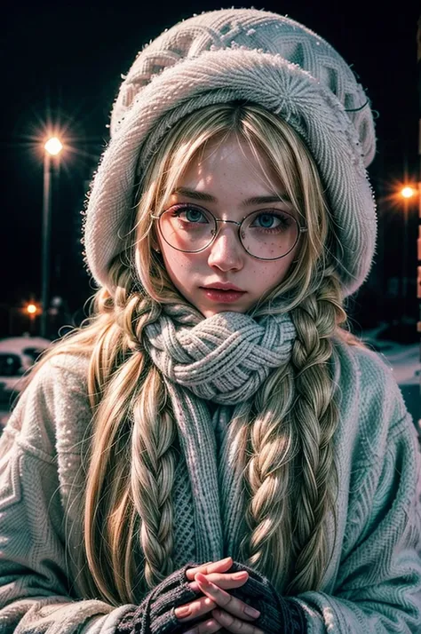 1 girl, blonde hair, long hair, crownbraid, snowcap, round eyewear, glasses, white winter furcoat, snow, standing, in snow, nigh...