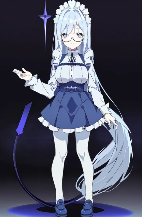 ((cathedral background)),1 girl,blue hair, plump and slender girl, (girl wearing white shirt, black wrinkled skirt, with black transparent pantyhose), ((blue medium hair)),((White Maid Costume)),blue eyes,((whole body)),whole body,((White Maid Costume)),((...