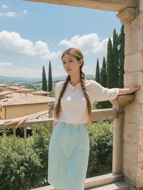 her name is Asako, high quality, 1girl, ((20-year-old fit Caucasian woman)), ((20 years old)), ((slim)), ((Fishtail Braid hair)), pose: standing, wearing  Generation-Z modern wear pastel colored, BACKGROUND:"In the Boboli Gardens, with manicured lawns, scu...