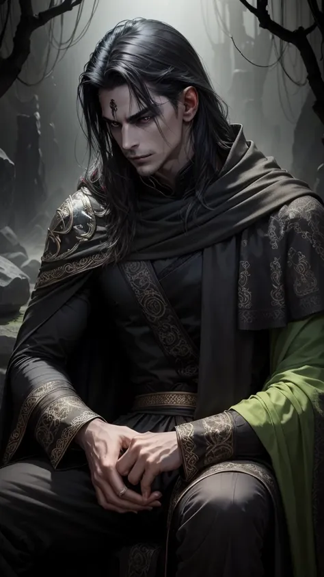 Dark man, evil lord, black hair, black cloak, piercing bright green eyes, menacing expression on his face, sitting on a stone throne with intricate green details, with a sinister smile shrouded in mist, creating an ominous atmosphere... With spectacular li...