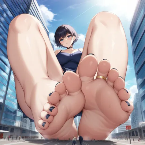 score_10, score_9_up, score_8_up, 1girl, black hair, black empty eyes, short hair, black choker, macro giantess, POV, legs crossed, foot focus, highly detailed, 32k, highly detailed feet, black toenails, high soles, toe ring, high arch, greek toe, wrinkled...