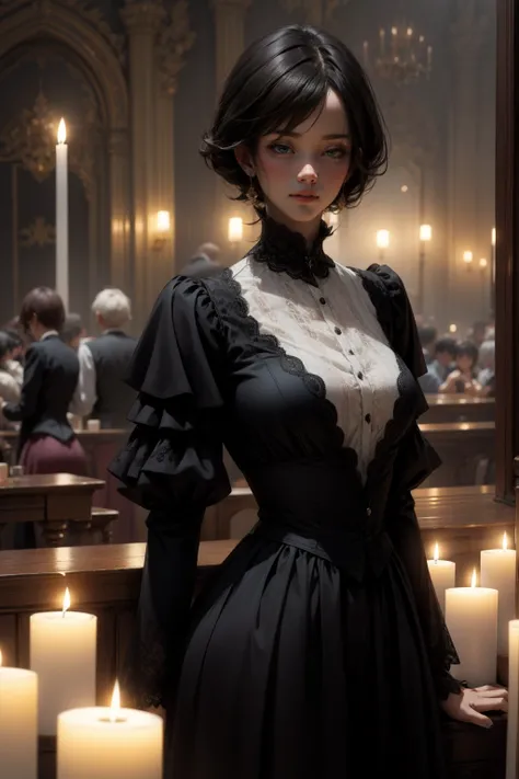 {-erro_de_anatomia:1.0} woman 30 years old, black victorian dress, brown eyes, black hair, short hair, bang, 1968s style, on the saloon, baile, looking at viwer, upper body, dark background, candles, witchcraft, dinamic poses