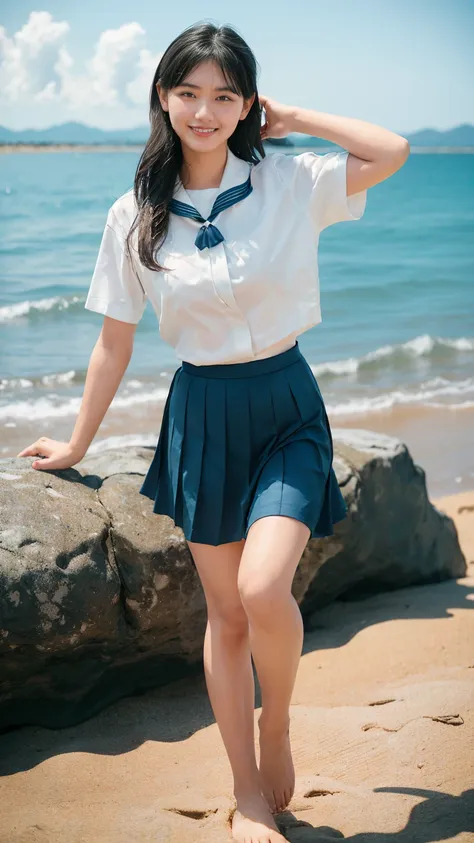 (((sunny day、cute japanese woman、beach、a strong wind is blowing、her hair and skirt are flying、crouch down, scooping up seawater ...