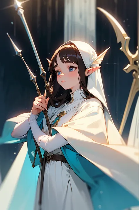 female, 5’3, Elven princess, medium long dark brown hair and eyes, small markings under her eyes, pointy ears, white skin, holding a beautiful silver trident. White cloak, a light aesthetic. Optimistic, kind, soft, attractive. has healing magic