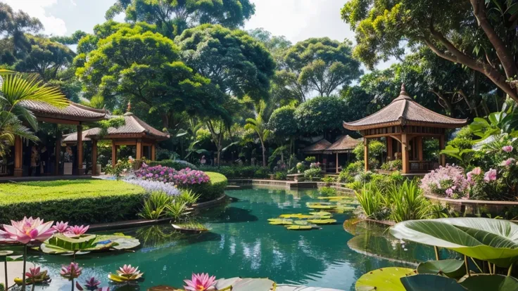 A botanical garden with 3 cafes, ornamental plants, tropical trees, small pools with lotus flowers in the garden, and where people shop.