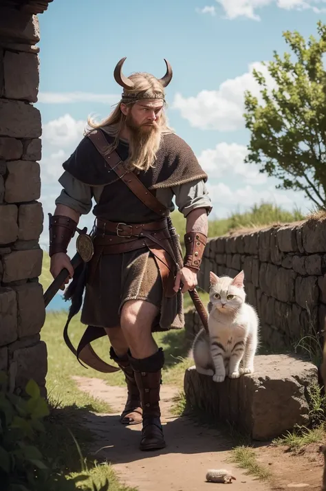 A Viking seeing a kitten in danger and going to save it