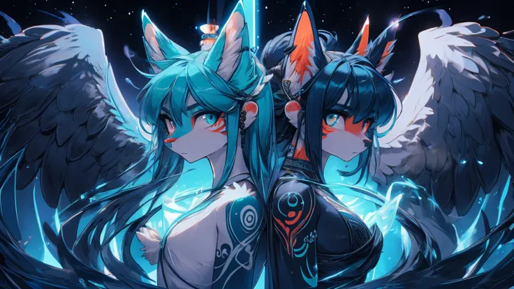  Two girls back to back, duality good and evilMiku Hatsune, add high definition_detail:1, blue fur,kitsune ears, tribal tattoo add_detail:1, hell&heaven add_detail, Dualidad hatsume miku add high definition_detail:1 , blue fur, slave dd kitsune, angelic gi...