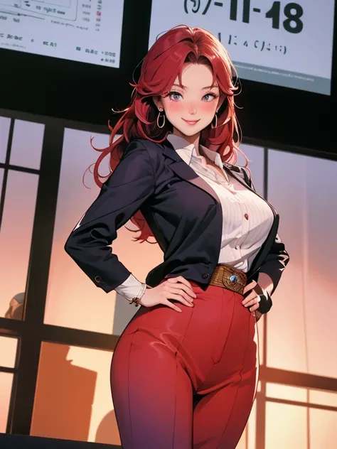 (high quality:1.2), Complex and meticulous, The art of math, Hiroko Takagi, 1 Girl, Mature female, Solitary, Hands on Hips, Holding a book, Cowboy shooting, Looking at the audience, Smile, blush, Purple Eyes, Long hair, Red hair, earrings, Jewelry, teacher...