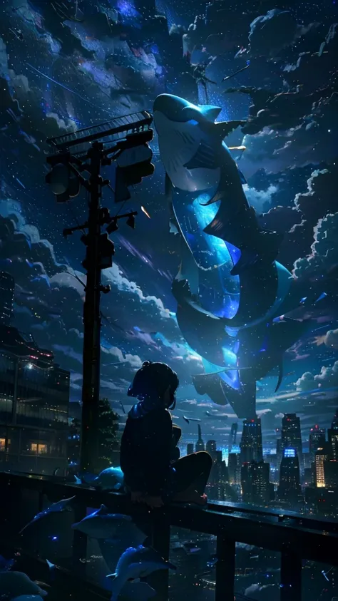 masterpiece, Exquisite detail,Highest quality, One girl, alone, handrail, cloud, Looking up at the buildings,Long Hair, zero, Long sleeve, Power lines, White footwear, Black Hair, View your viewers, Electric pole, bangs, cloudy zero, fish, bird, Green Eyes...