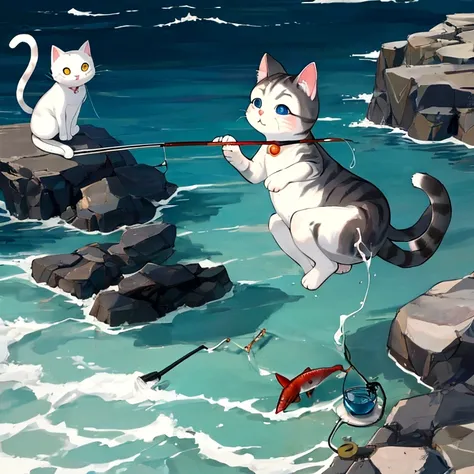 The cat lost balance、Being drawn into the sea。The cat doesn&#39;t let go of the fishing rod and falls into the sea.。Splash rises、You can see the cat&#39;s surprised expression.。