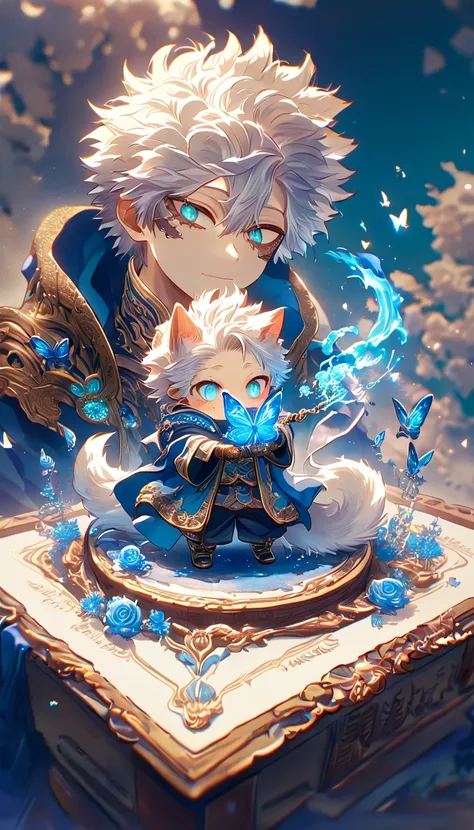 absurdres, highres, ultra detailed, HDR, master piece, best quality, extremely detailed, Dabi chibi, white hair, expressive turquoise eyes, Boku No Hero Academia, boy hugging a fox, magical, fantasy, magic, blue fire, blue forest, glittering, blue butterfl...