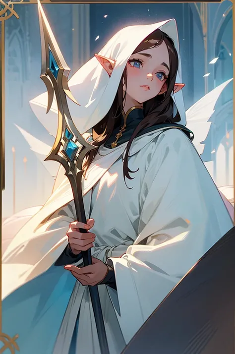 female, 5’3, Elven princess, medium long dark brown hair and eyes, small markings under her eyes, pointy ears, white skin, holding a beautiful silver trident. White cloak, a light aesthetic. Optimistic, kind, soft, attractive. has healing magic