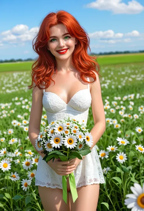 Megan1, standing alone, 1 girl, walking in field of daisies on sunny day, new, open vagina, penetrated, free sex, erotic, blowjob, sex interracial, smiling, Long, voluminous red hair, gorgeous green eyes, detailedeyes, full red lips, slim body with hourgla...