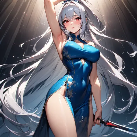  (masterpiece),(Highest quality),(Very detailed),(Best illustrations),(so beautiful), Beautiful Eyes, Perfect Face, Perfect hands, Perfect Fingers, so beautiful長い脚, Thighs, hanging breasts, Silver Hair, Red eyes, Very long hair, High Ponytail, Blue clothes...