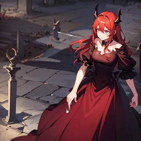 surtr arknight woman with provocative dress, smoking in a dark cemetery