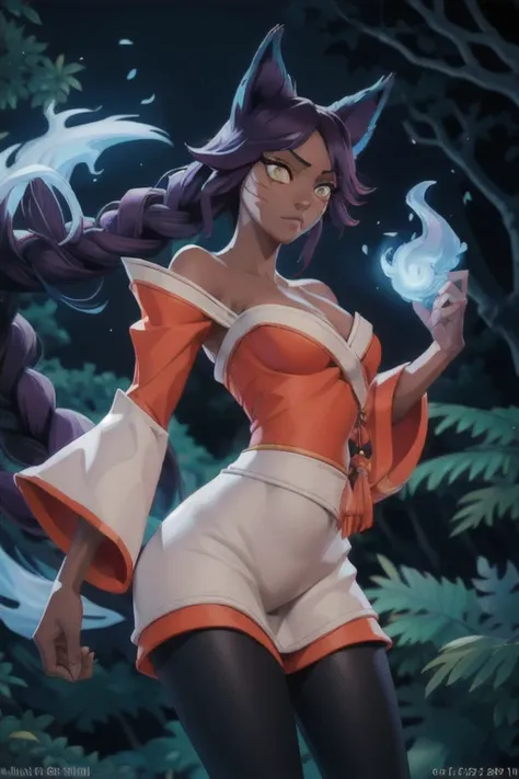 (best quality:1.3), (4K quality),masterpiece, best quality, high res, detailed, (Detailed face:1.2), (Detailed eyes:1.2), (Perfect figure:1.2), Fantasy style, Fantasy environment, 1girl, solo, (merge Ahri with Yoruichi Shihoin), (Kitsune:1.2), dynamic pose...