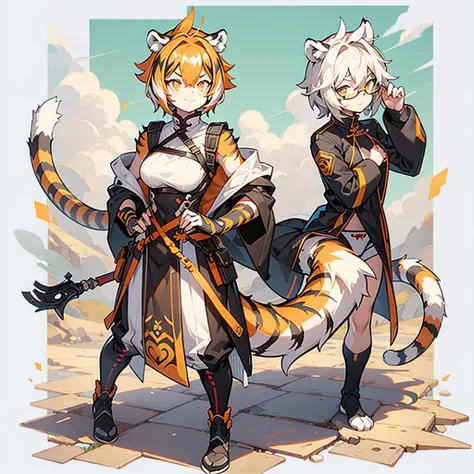 white background, full body, solo, Standing, heading up, proud , young girl, animal ears, arknights, white hair, black hair, round eyewear, glasses, OPPEIN, short hair, large breasts, muscle，tail, orange eyes, orange hair, multicolored hair, tiger girl, fu...