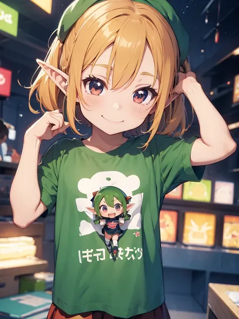 (chibi-style), an little cute elf girl, over large size t-shirts, smile 