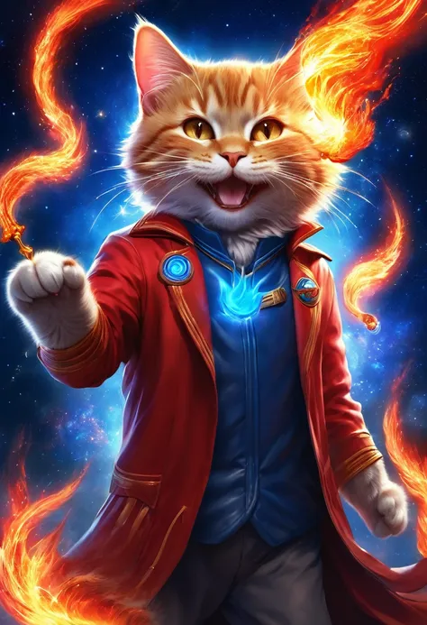 (CG, UHigh resolution, masterpiece, Anatomically correct, Super detailed, Attention to detail, High resolution, Highest quality), High resolution, Digital Art, universe, ((The best smile)), whole body, Cat、A red flame comes from his right hand.、A blue flam...