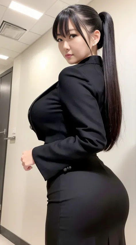 Best Quality, High quality,ultra-quality, 8K Portrait , insanely detailed face,A Japanese Lady,20~50 years old,new employee ,huge-breasted ,side poneyTail, Black Business Womens Suit Black Midi Skirt,Frontal to foot shot, IT Office Corridor