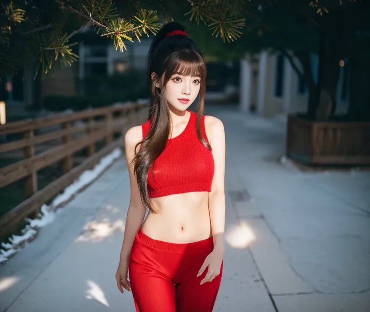 Close-up of a long-haired woman wearing a red sweater, The ponytail has bangs like Lisa&#39;s.),Anime girls in real life, Realistic young gravure idol, Close-up, realistic anime, beautiful korean girl, Attractive anime girl, Japanese girl,straight face, fa...