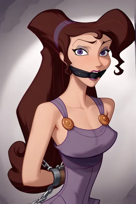 score_9,score_8_up,score_7_up,score_6_up, source_cartoon, BREAK, solo, solo focus, 1girl, disney, megara, 1girl, brown hair, purple eyes, purple dress, bound and gagged with chains of gray smoke, looking at viewer