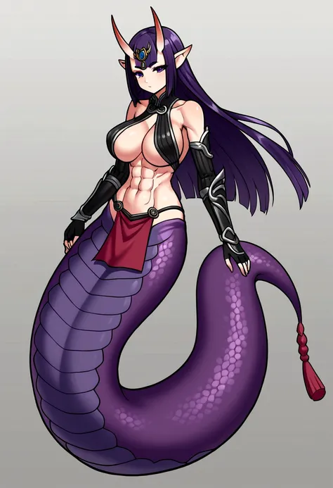 Shuten lamia, parted bangs, purple eyes, purple hair, long hair, hime cut, forehead, sexy curvy body, arm guards, armor, black gloves, bodysuit, fingerless gloves, gloves, japanese armor, kote, loincloth, purple bodysuit, ribbed sleeves, tabard, toned, lon...