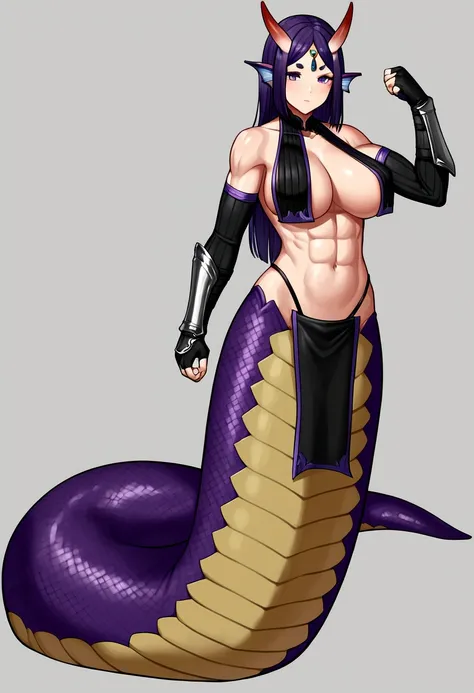 Shuten lamia, parted bangs, purple eyes, purple hair, long hair, hime cut, forehead, sexy curvy body, arm guards, armor, black gloves, bodysuit, fingerless gloves, gloves, japanese armor, kote, loincloth, purple bodysuit, ribbed sleeves, tabard, toned, lon...